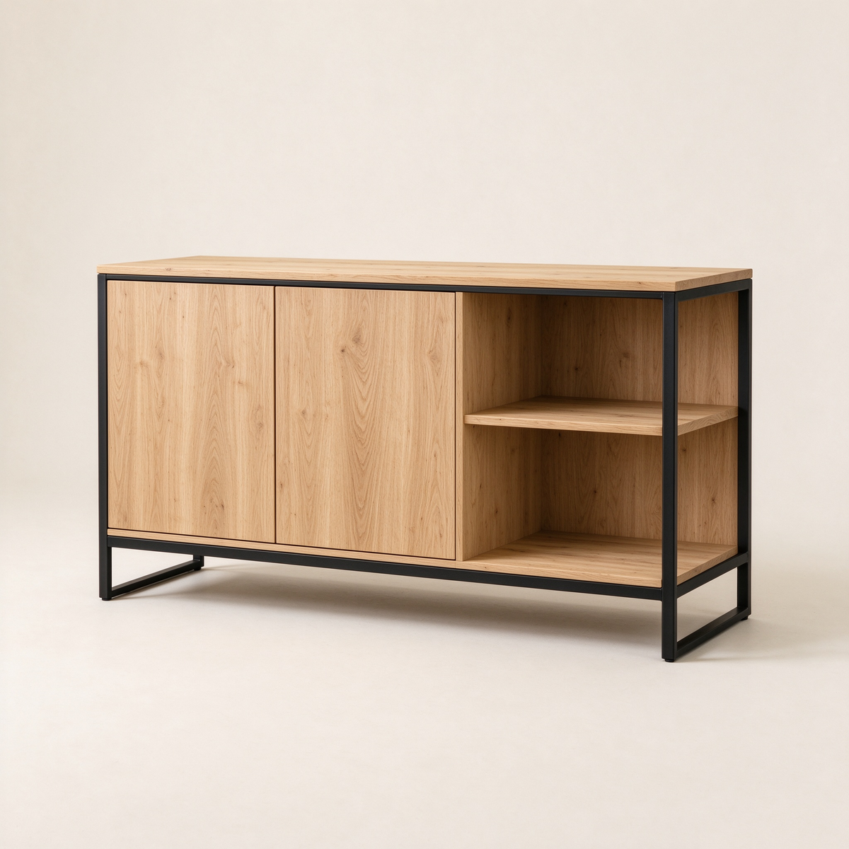 Light Wood Sideboard with Black Metal Frame