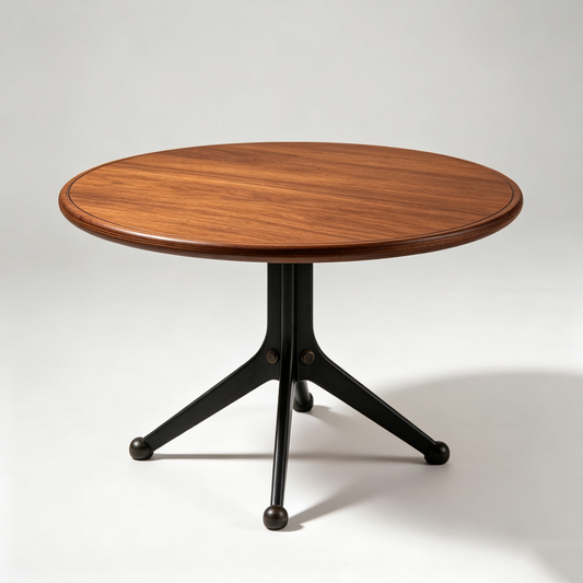 Vintage Walnut Round Side Table with Black Legs