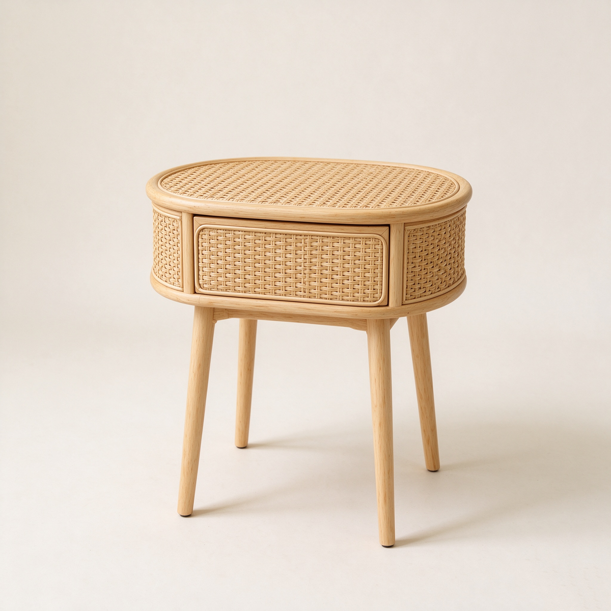 Rattan Oval Side Table with Wood Drawer