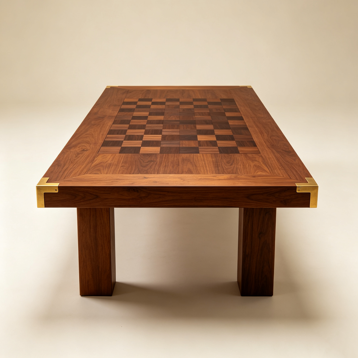 Walnut Checkerboard Dining Table with Brass Corners