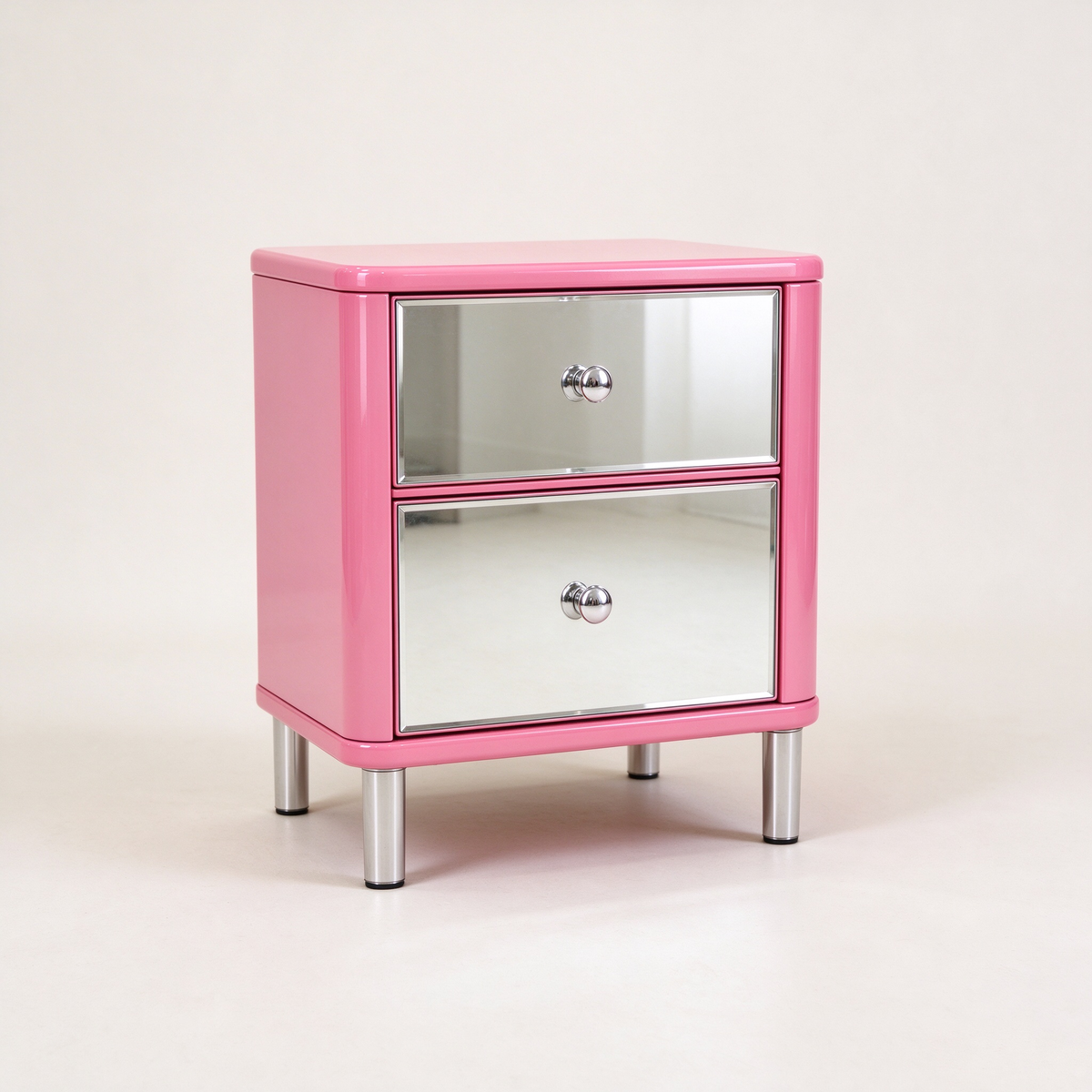 Pink Nightstand with Mirror Drawers and Silver Legs