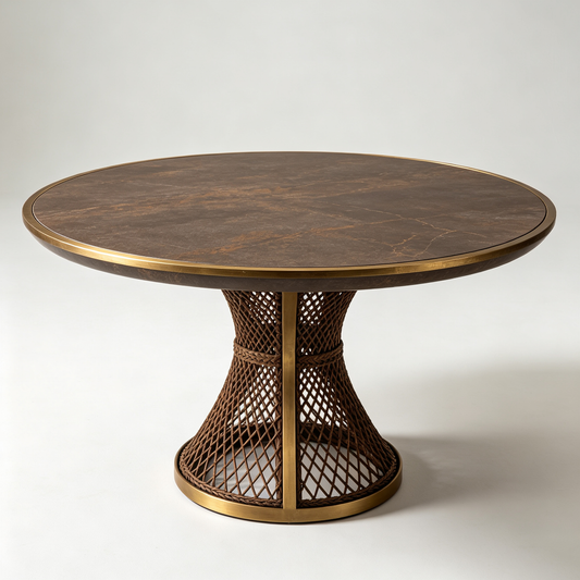 Brown Marble Round Dining Table with Rattan Base