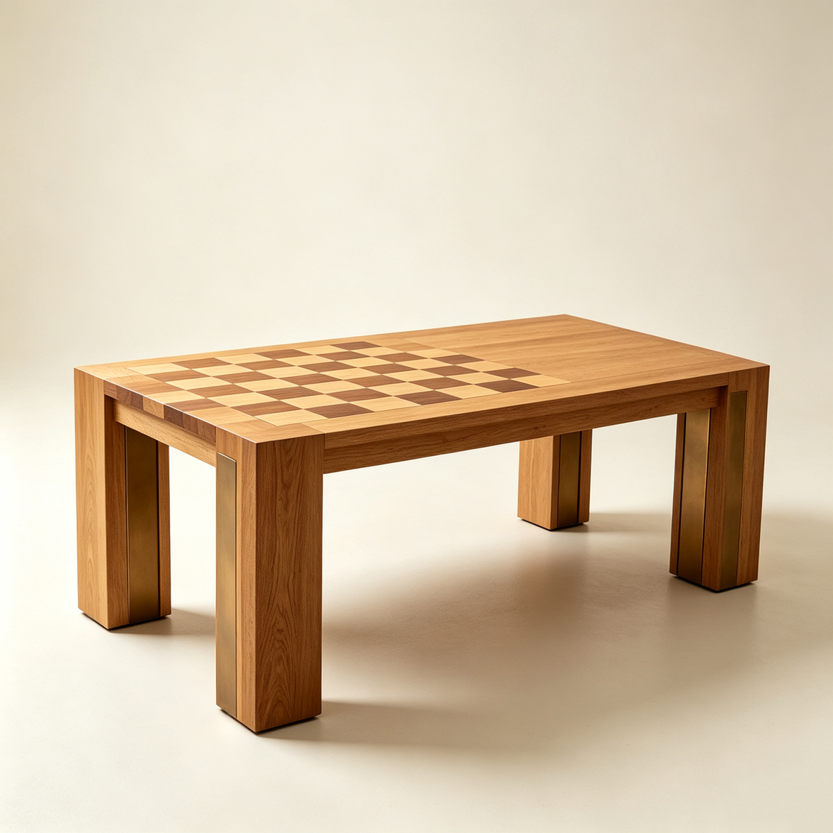 Oak Checkerboard Coffee Table with Brass Accents