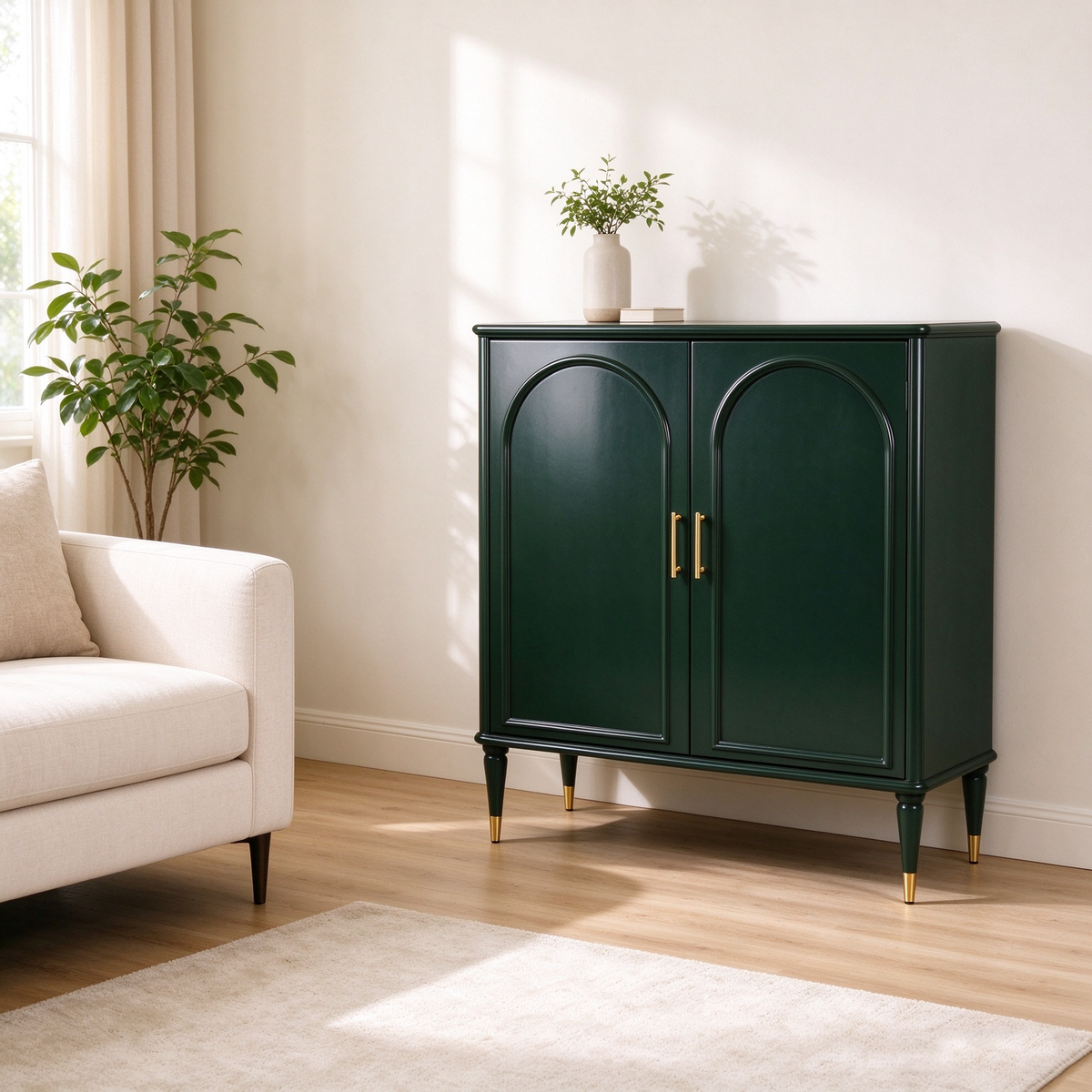 Emerald Green Arched Cabinet with Gold Handles