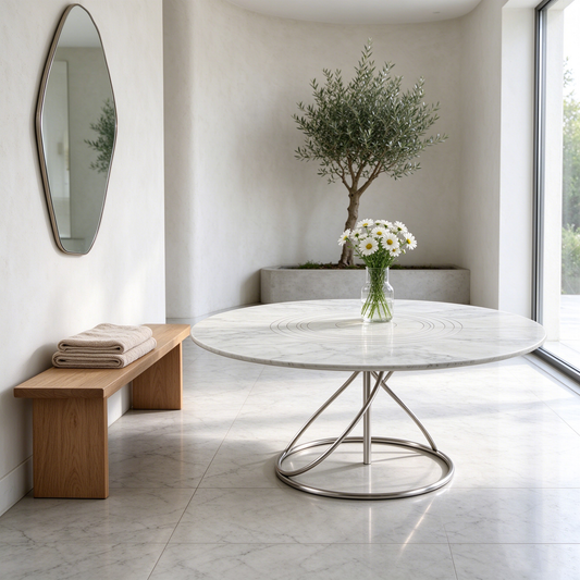 White Marble Round Coffee Table with Silver Base