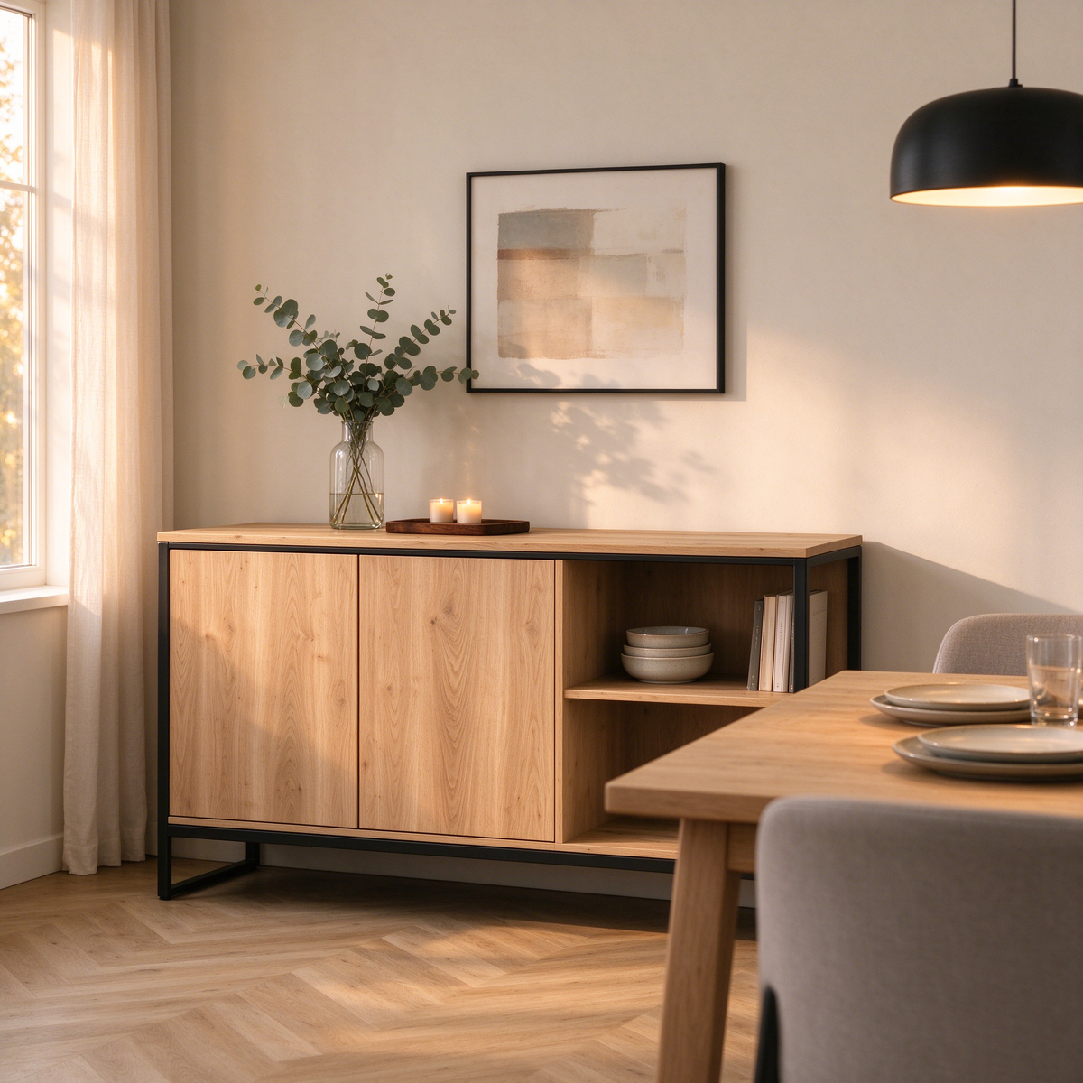 Light Wood Sideboard with Black Metal Frame