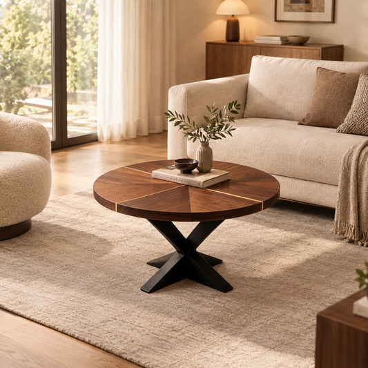 Walnut Wood Round Coffee Table with Gold Inlay