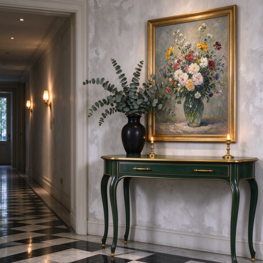 Emerald Green Vintage Console Table with Gold Trim