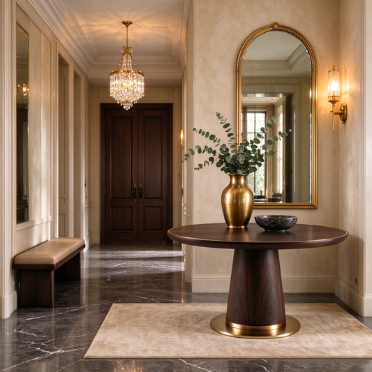 Dark Walnut Round Dining Table with Gold Base