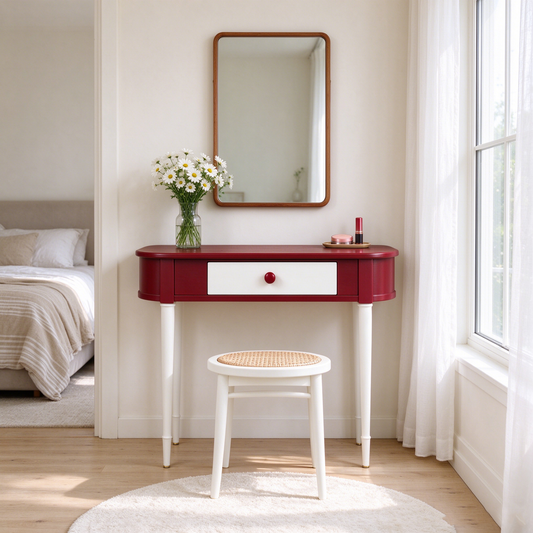 Wine Red Console Table with White Drawers