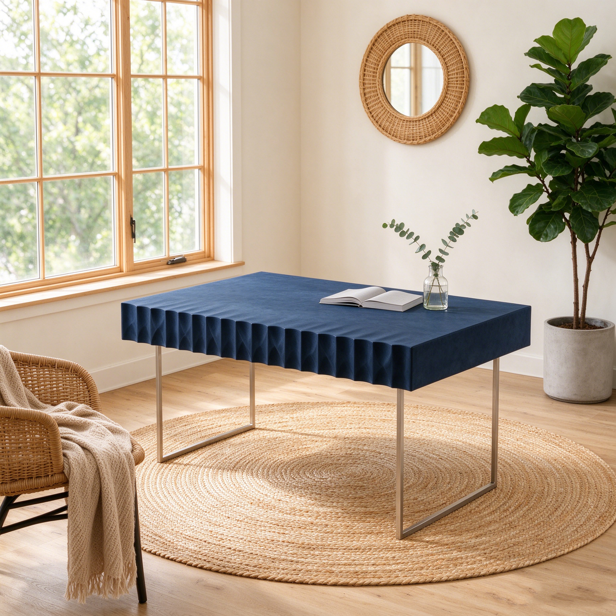 Navy Pleated Edge Desk with Metal Legs