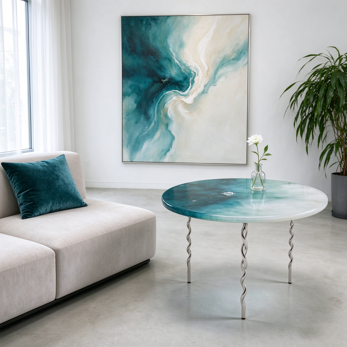 Teal Gradient Round Side Table with Twist Legs