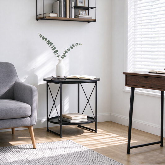 Black Round Metal Side Table with Tray