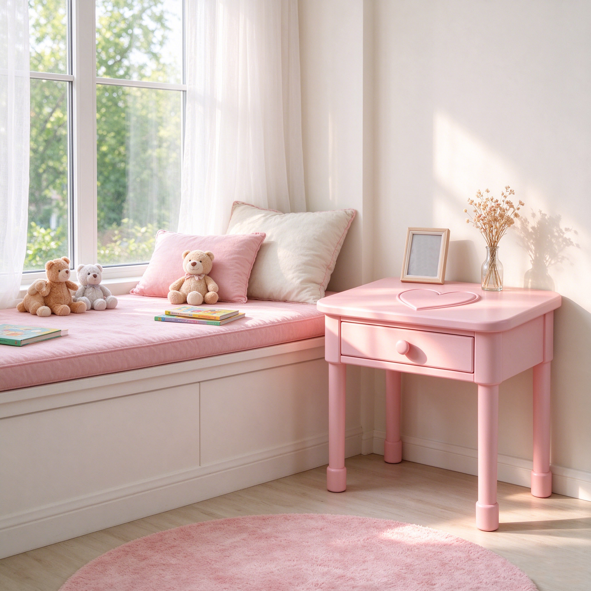 Pink Kids Side Table with Heart Motif
