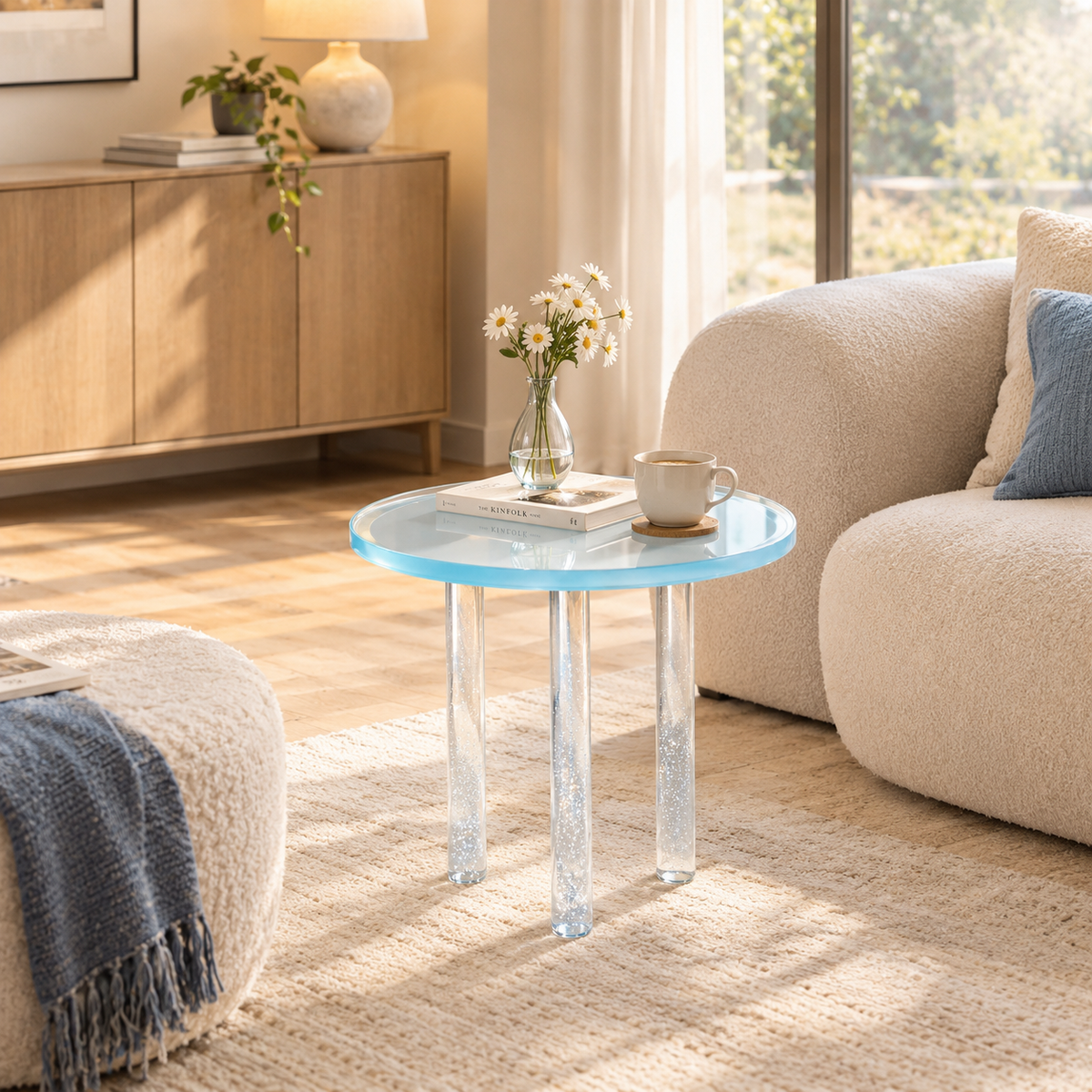 Light Blue Acrylic Round Side Table with Bubble Legs