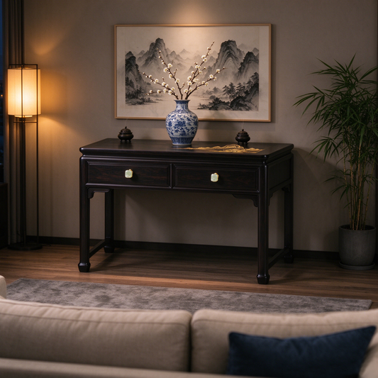 Chinese Style Dark Wood Desk with Jade Pulls