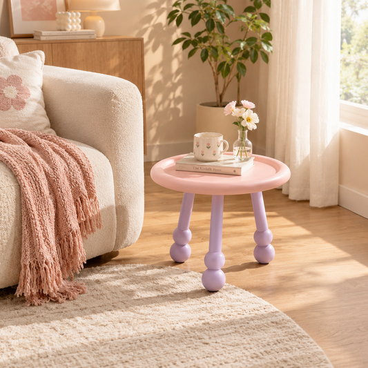 Pink Round Side Table with Purple Bead Legs