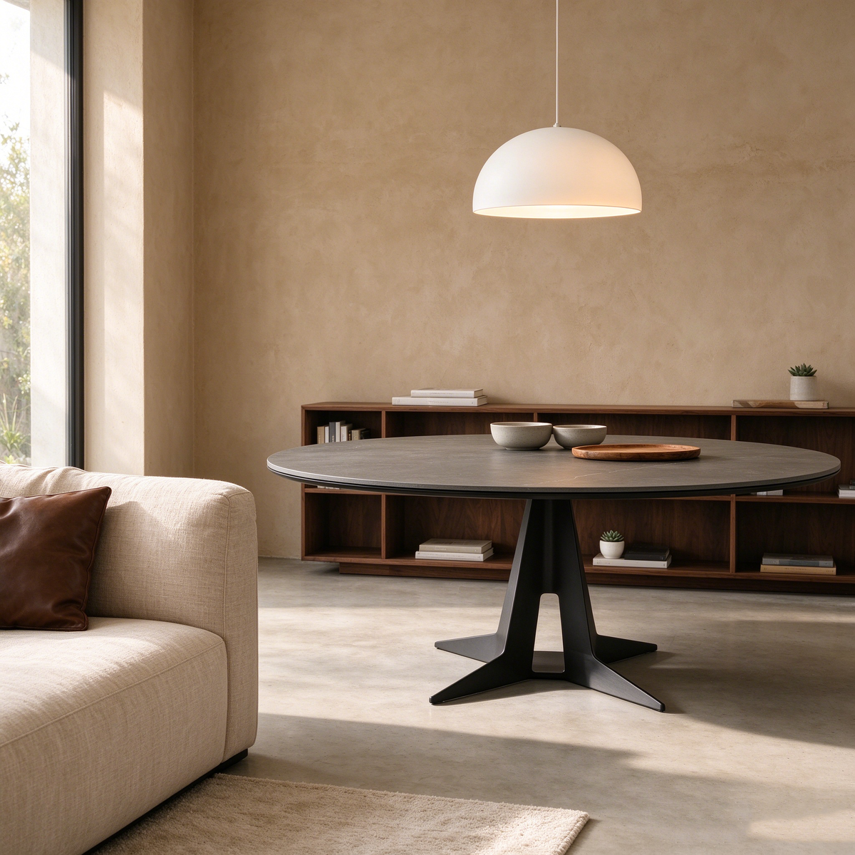 Modern Grey Round Dining Table with Black Base
