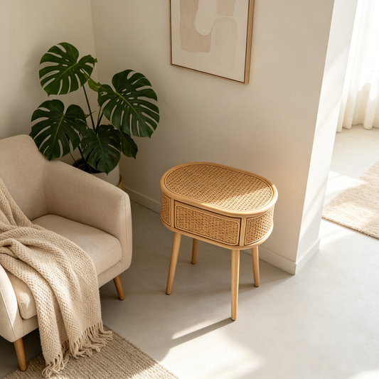 Rattan Oval Side Table with Wood Drawer