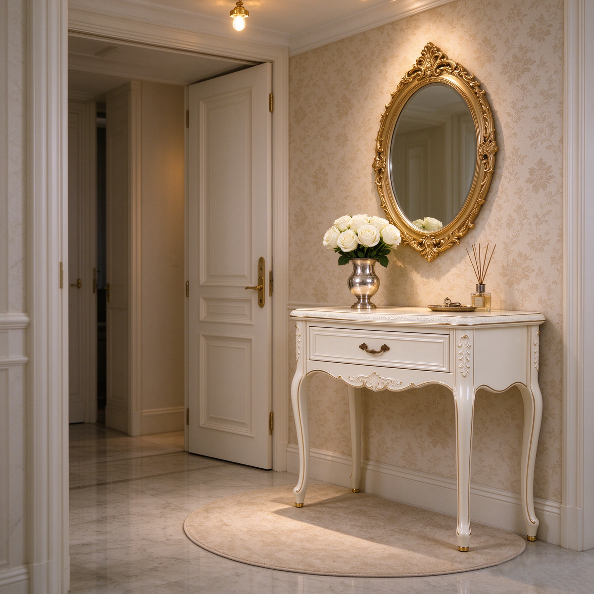 Ivory White European Table with Gold Carvings
