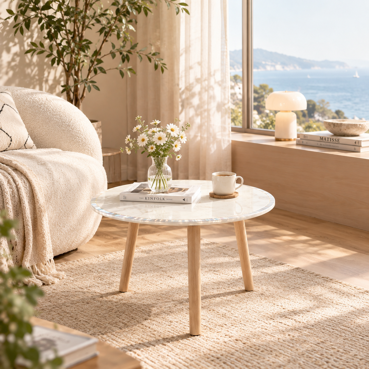 White Marble Round Coffee Table with Wood Legs