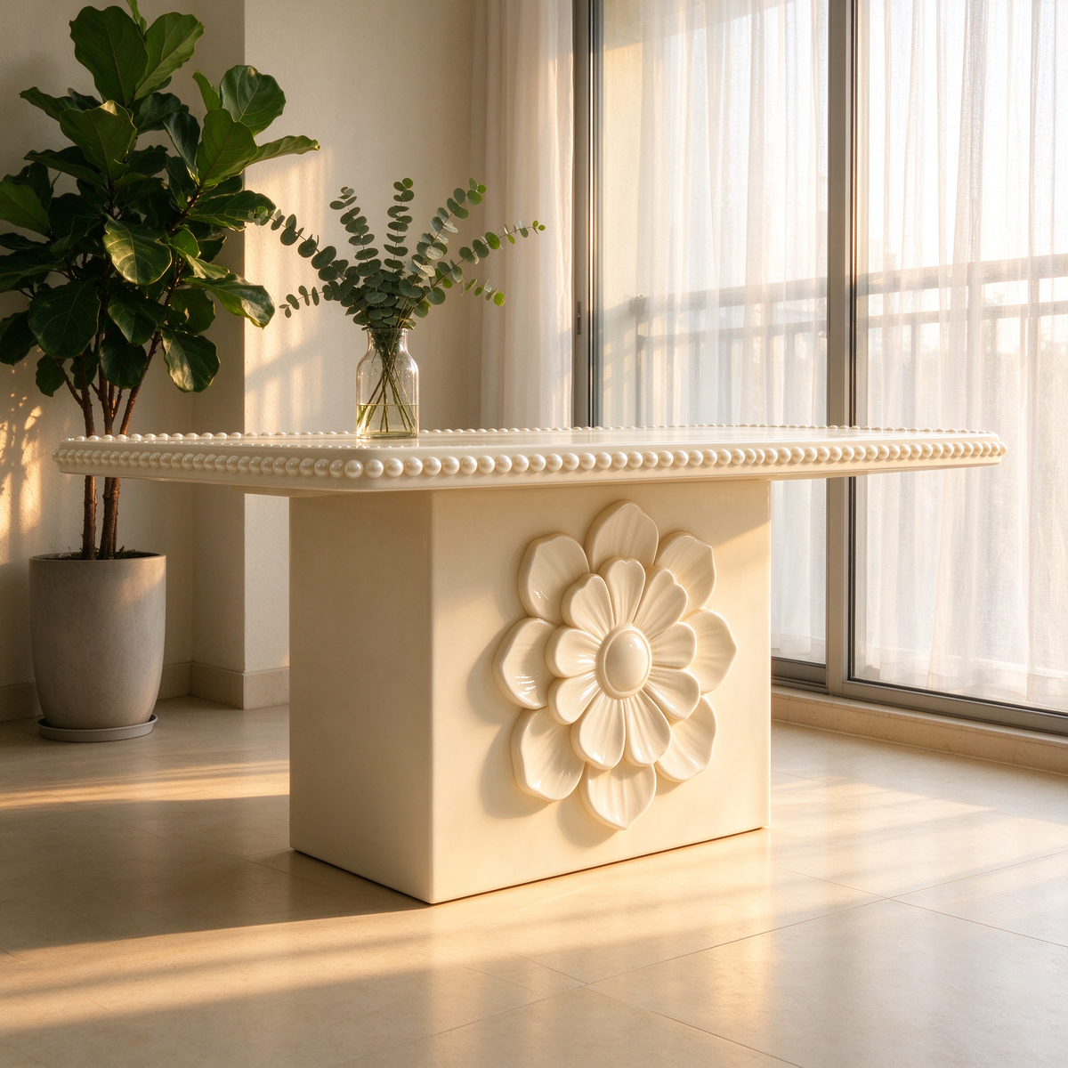 Cream White Flower Pedestal Coffee Table
