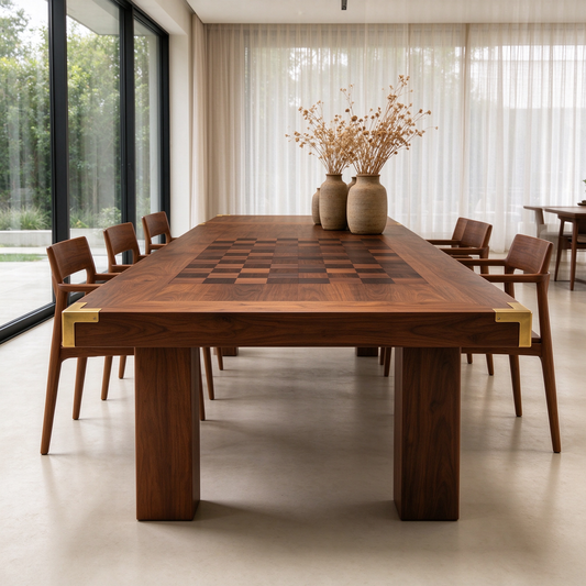 Walnut Checkerboard Dining Table with Brass Corners