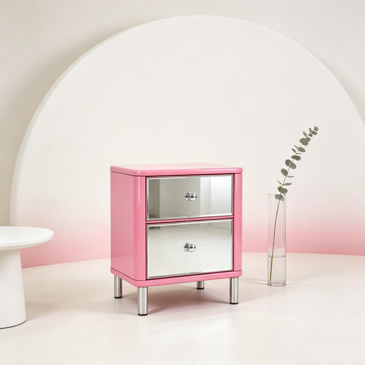 Pink Nightstand with Mirror Drawers and Silver Legs