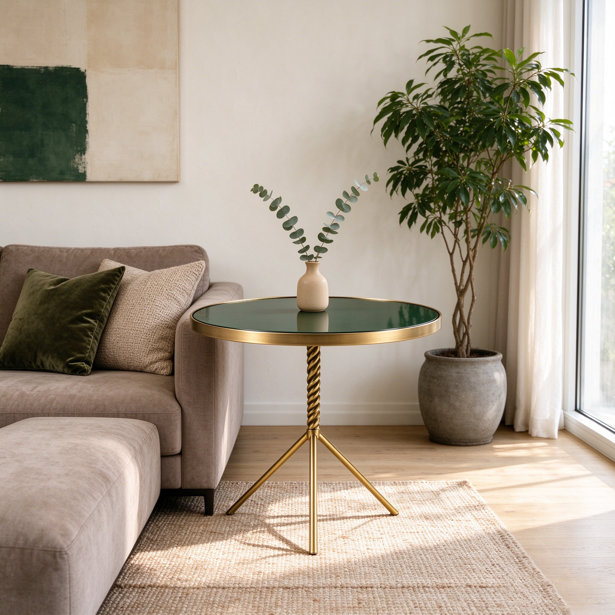 Emerald Green Gold Round Accent Table