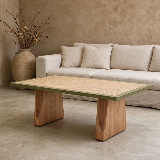 Rattan Wood Coffee Table with Green Edge