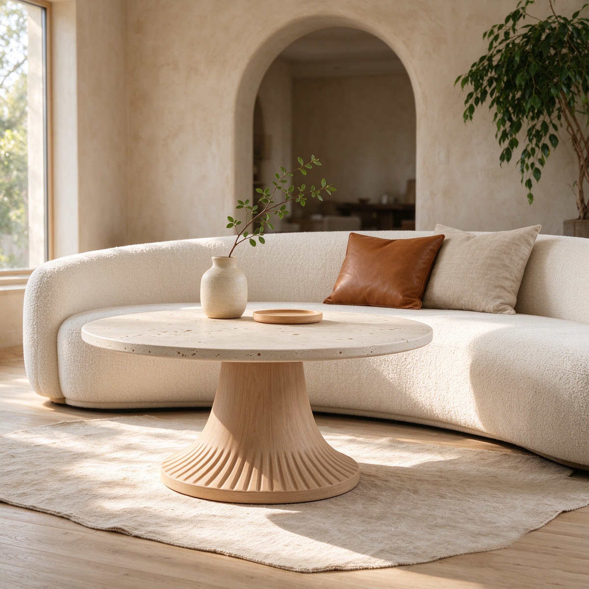Beige Stone Round Coffee Table with Wood Leg