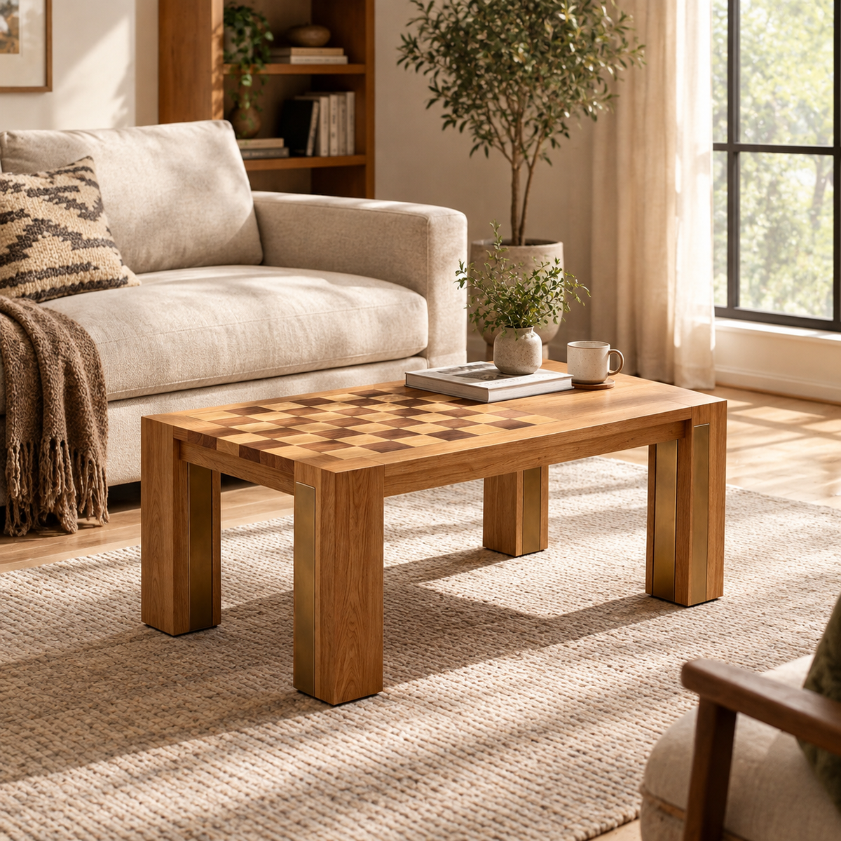 Oak Checkerboard Coffee Table with Brass Accents
