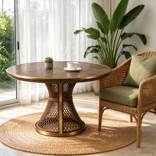 Brown Marble Round Dining Table with Rattan Base