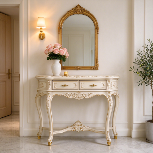 Classic White and Gold Console Table with Carvings