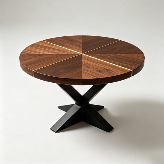 Walnut Wood Round Coffee Table with Gold Inlay