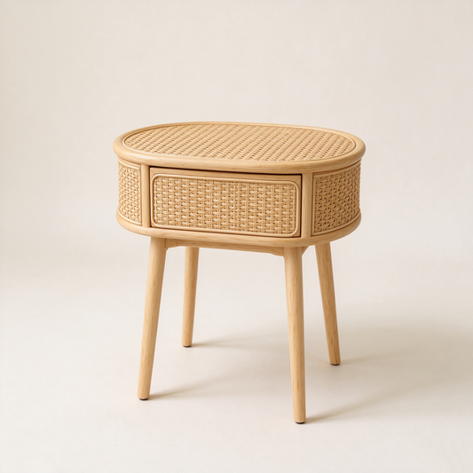 Rattan Oval Side Table with Wood Drawer