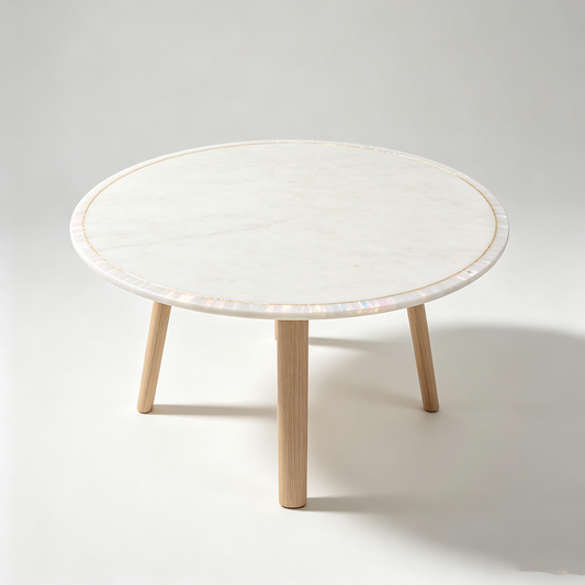 White Marble Round Coffee Table with Wood Legs