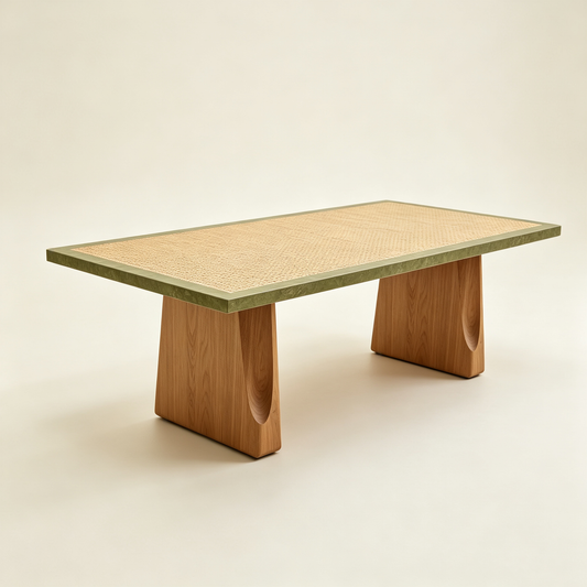 Rattan Wood Coffee Table with Green Edge