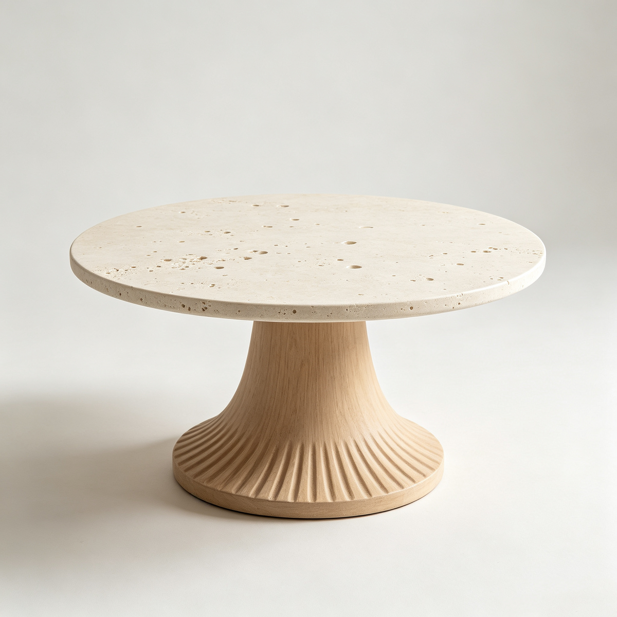 Beige Stone Round Coffee Table with Wood Leg