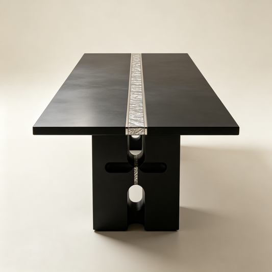 Black Modern Dining Table with Silver Inlay