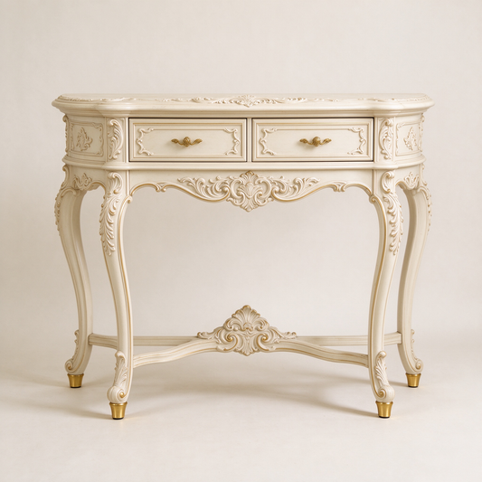 Classic White and Gold Console Table with Carvings